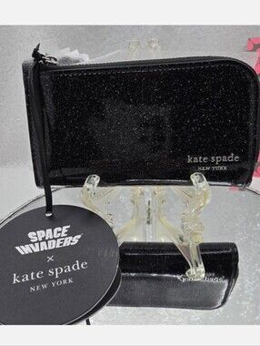 Space Invaders Kate Spade New York Glitter Black Patent Leather Sm Bifold Wallet